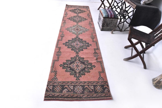 3x11 Runner Rug - 3x11 Vintage Runner - 3x11 Red Sky Blue Vintage Runner Rug - 3x11 Rugs - Long Handmade Aesthetic - Vintage Runner 3x11
