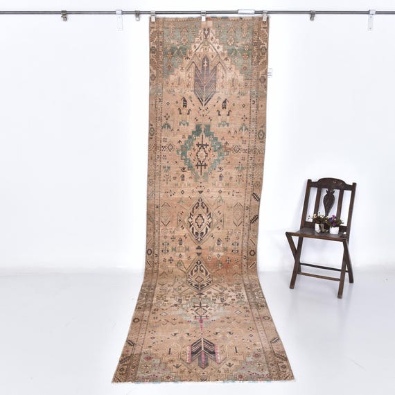3x12 Brown Pink Persian Runner Rug, 3x12 Persian Runner, 3x12 Rug, Wool Hand-Knotted Rug, 3x12 Runner Rug, 3x12 Vintage Runner, Entry Runner