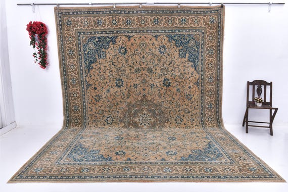10x13 Peach Orange & Blue Persian Rug, Oversize Persian Rug, Large Area Rug, 10x13 Rugs, Handmade Wool Rug, 10x13 Vintage Rug, Living Room