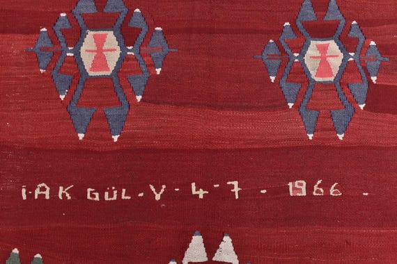 5x8 1966 Antique Turkish Kilim Rug, 5x8 Handmade Turkish Rug, Signed Kilim Rug, 5x8 Wool Jute Kilim Rug, Red Black Color, Living Room Rug