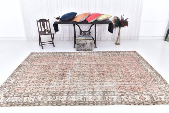7x10 Antique Turkish Vintage Kilim Rug, Oversized Kilim Rug, Extral Large Area Kilim Rug Wool Handmade Cream Beige Kilim Rug Bohemian Decor