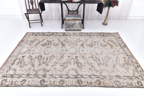 Antique Vintage Turkish Rug, 6x8 Beige & Brown Area Rug, 6x8 Handmade Oushak Rug, 6x8 Floral Style, Country Farmhouse Decor, 6x8 1960's Rug,