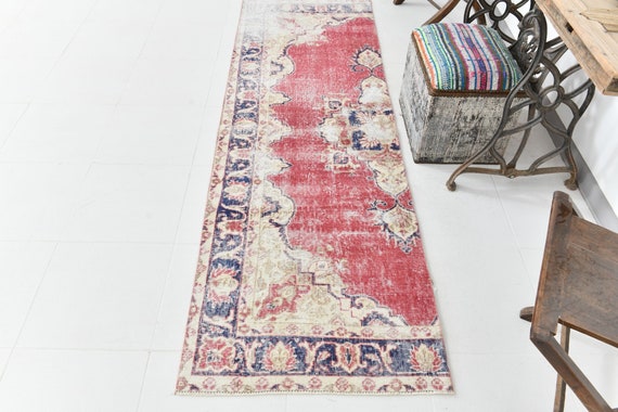 2x8 Turkish Vintage Oushak Runner Rug, Shades Of Red Blue Vintage Wool Handmade Oushak Rugs Floral & Farmhouse Style Rug For Short Kitchen