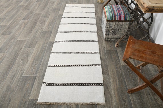 2x8 White & Brown Runner Rug, 2x8 Vintage Runner, 2x8, Turkey Handmade Hemp, 2x8 Hemp Runner, Modern Striped Style, Rug For Hallway Decor