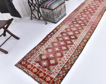 Alfombra de pasillo geométrica vintage de 2x10, alfombra de pasillo vintage de lana suave de 2x10, alfombra de lana hecha a mano, alfombras de 2x10, alfombra roja y verde, alfombra de pasillo tribal de 2x10