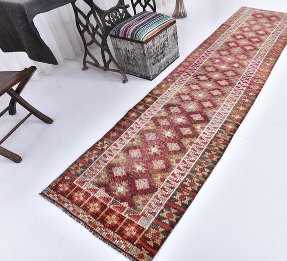 2x10 Vintage Geometric Runner Rug, 2x10 Soft Wool Vintage Runner Rug, Handmade Wool Rug, 2x10 Rugs, Red Green Rug, 2x10 Tribal Runner Rug