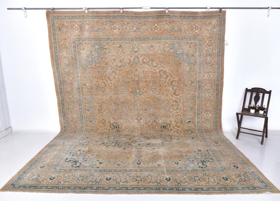 10x12 Antique Persian Rug, 10x12 Blue Peach Persian Rug, Oversize Persian Rug, Large Area Rug, 10x12 Area Rug, Wool Hand-Knotted Rug, 54s