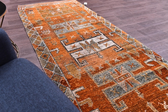 4x8 Vintage Peach Faded Runner, 4x8 Handmade Wool Soft Rug, 4x8 Hallway Runner Rug, 4x8 Kitchen Rug, Peach Gray Color, 4x6 Rug Farmhouse Rug