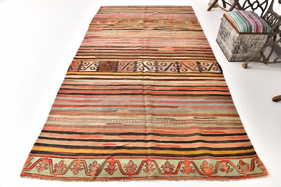 5x10 Area Rug, 5x10 Vintage Kilim, 5x10 TURKISH VINTAGE KILIM Rug, 5x10, Geometric & Contemporary Style, Wool Handmade Oushak, 1960s Antique