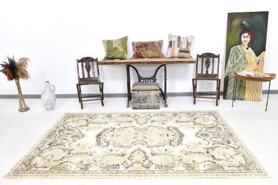 5x8 Green Beige Soft Vintage Rug 5x8 Vintage Rug 5x8 Rug Handmade Wool Rug 5x8 Turkish Rug Muted Chic Rug For Living Room Bedroom Luxury