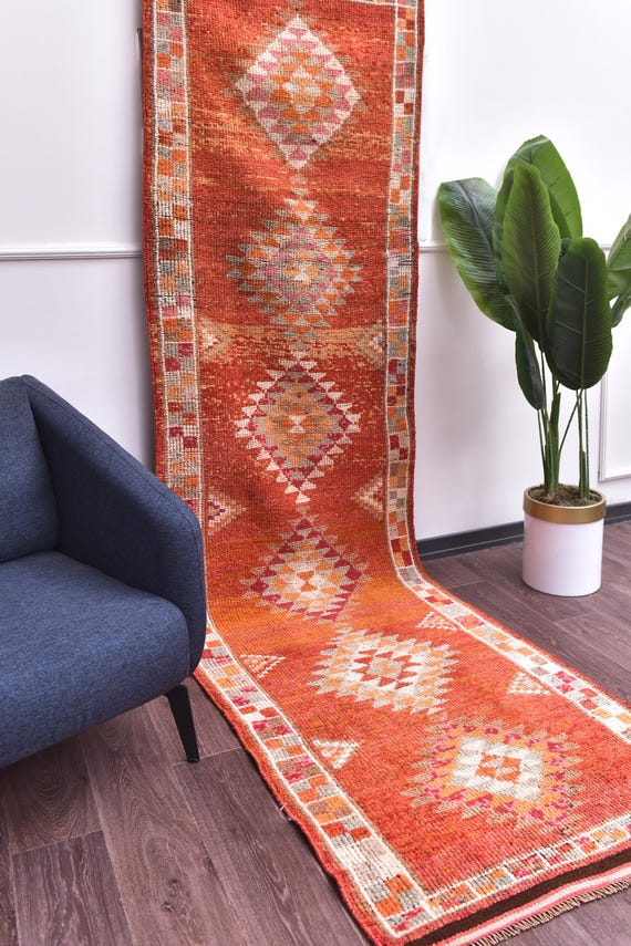3x11 Vintage Tribal Runner Rug, Red Orange Color, Handmade Wool Rug, 3x11 Hallway Kithcen Rug, Soft Wool Rug, 3x11 Traditional Rug,