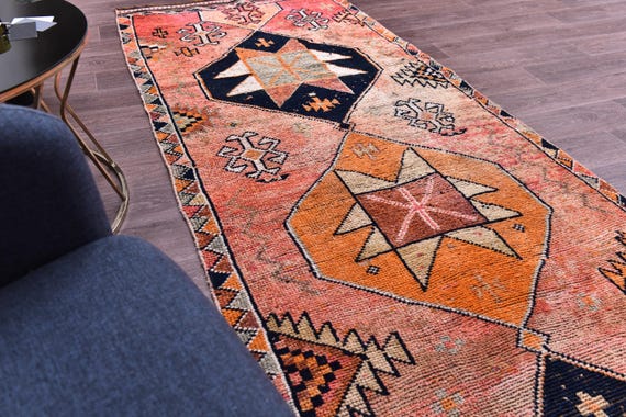 3x11 Vintage Wool Runner Rug, Peach Color, Handmade Wool Rug, 3x11 Hallway Kithcen Rug, Soft Wool Rug 3x11 Traditional Runner Rug