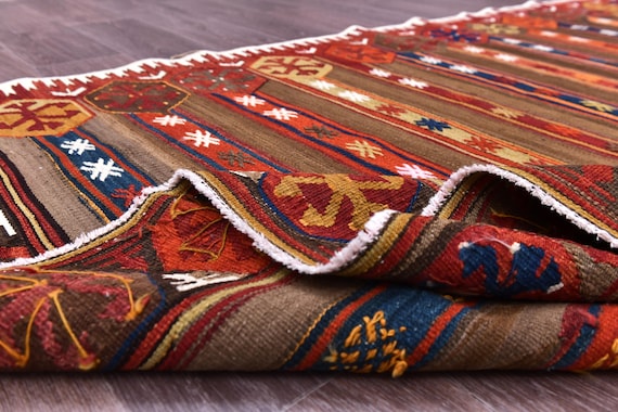 5x8 Vintage Turkish Kilim Rug, Burgundy Blue Orange Color, Handmade Wool Jute, 5x8 Traditional Turkish Rug Tribal Kilim