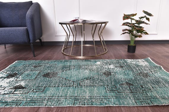 3x5 Vintage Teal Accent Rug, Traditional Turkish Rug, 3x5 Teal Black Color, Handmade Wool Rug, 3x5 Doormat Rug, Small Runner Rug, 3x5 Rug