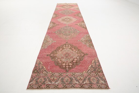 3x13 Runner Rug, Turkish Runner, 3x13 VINTAGE TURKISH RUNNER Rug, 3x13, Turkish Runner Rug, Shades Of Red & Pink, Wool Handmade Oushak, 57s