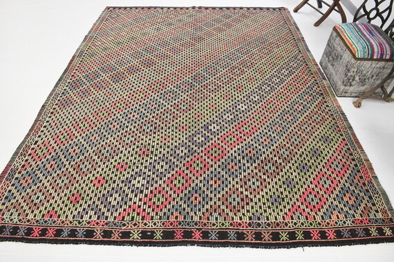 7x8 Turkey Vintage Kilim Rug, 7x8 Vintage Kilim Rug, 7x8 Kilim Rug, Wool Handmade Oushak, Rugs 6x7, Blue & Pink Kilim Rug, Bohemian Kilim