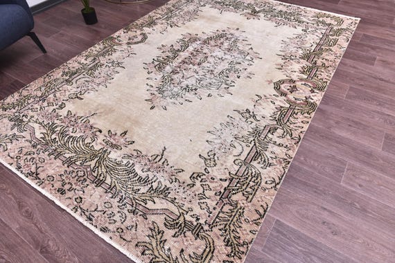6x9 Vintage Distressed Rug, Salmon Cream Color, Handmade Wool Rug, 6x9  Living Room Bedroom Rug, 6x9 Area Rug, Medallion Design