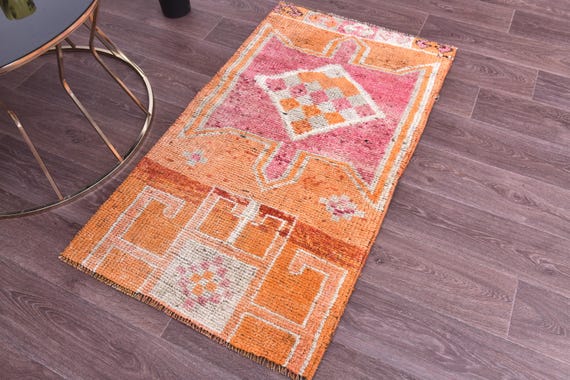 2x4 Orange Beige Doormat Rug, 2x4 Doormat Rug, 2x4 Rug, Hand-Knotted Wool Rug, 2x4 Area Rug, 2x4 Vintage Doormat Rug, Bedroom Accent Rug