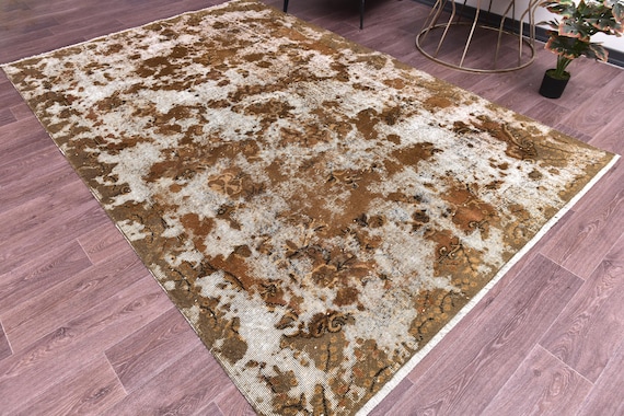 6x9 Vintage Distressed Rug, Hand-Knotted Wool Rug, 6x9  Living Room Bedroom Rug, Golden Mustard Brown Color, 6x9 Area Rug,