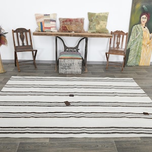 5x8 Hemp Rug, 5x8 White & Black Hemp Rug, 5x8, Organic Handmade Vintage, Modern Striped Style, 5x8 Area Rug, Rugs For Living Room Bedroom