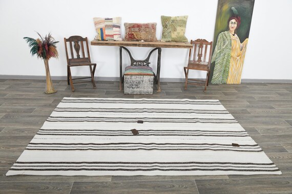 5x8 Hemp Rug, 5x8 White & Black Hemp Rug, 5x8, Organic Handmade Vintage, Modern Striped Style, 5x8 Area Rug, Rugs For Living Room Bedroom