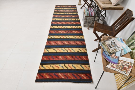 3x12 Runner Rug, 3x12 VINTAGE KILIM RUNNER Rug, 3x12, Kilim Runner 3x12, Oushak Handmade Kilim, 3x12 Rugs, Blue & Yellow Kilim, Anatolian