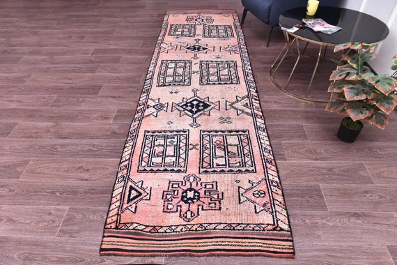 3x10 Vintage Faded Peach Runner Rug, Peach Navy Blue Color, Handmade Soft Wool Rug, Hallway Runner Rug