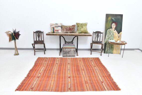 5x7 Area Rug, 5x7 TURKISH VINTAGE KILIM Rug, 5x7 Kilim Rug, Oushak Handmade Kilim, 5x7 Rug, Red & Orange Kilim, Rug For Living Room, 60s