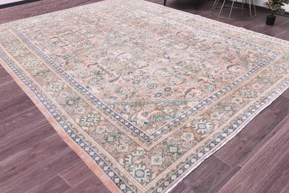 10x13 Antique Persian Tabriz Salmon Rug, Salmon Brown Blue Green Color, 10x13 Handwoven Area Rug, 10x13 Oriental Rug, 10x13 Large Area Rug,
