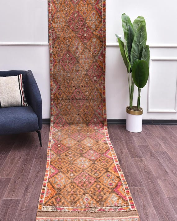 3x15 Vintage Brown Runner Rug, Handmade Soft Wool, Tribal Turkish Pattern Runner, Hallway Rug