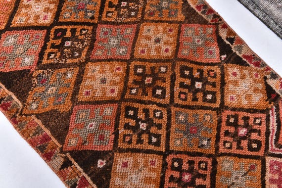 2x11 Brown Orange Vintage Runner Rug, 2x11 Vintage Runner, 2x11 Rug, Handmade Wool Herki, 2x11 Runner Rug, Mid Century Modern, Rug For Entry