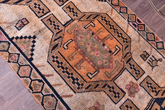 3x10 Vintage Runnner Rug, Cream Navy Blue Color, 3x10 Handmade Wool Rug, 3x10 Geometric Medallion Runner, 3x10 Persian Hallway Runner Rug,