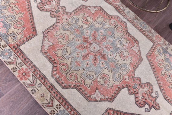 4x7 Vintage Turkish Rug, Soft Pastel Rug, 4x7 Persian Style Rug, Handmade Wool Rug, 4x7 Rug, Red Blue Color, Traditional Rug Living Room Rug