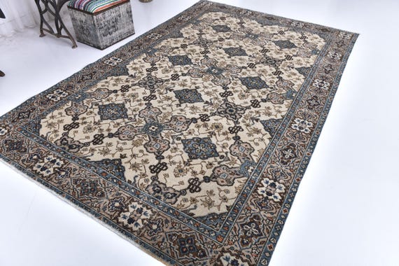Antique Vintage Turkish Rug, 6x10 Vivid Colored Blue & Green Vintage Rug, 6x10 Area Rug, 6x10 Turkish Rug, Oriental Decor, 6x10 1957's Rugs,
