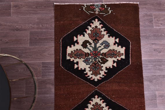 3x12 Vintage Brown Runner Rug, Handmade Wool Runner, 3x12, Hallway Rug, 3x12 Farmhouse Rug, Kithcen Rug, Brown Color, Medallion Design