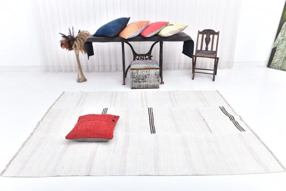 6x8 White & Black Vintage Runner Rug, 6x8 Vintage Runner, 6x8 Rug, Natural Handmade Hemp, 6x8 Runner Rug, Hemp Runner, Rug For Bohemian Hall