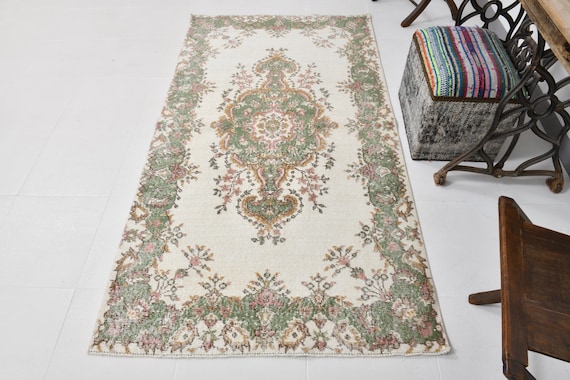 4x7 Vintage Botanical Design Area Rug, 4x7,  Beige and Green Floral Style Small Area Rug, Handmade Wool Turkish Rug, 4x7 Vintage Rug