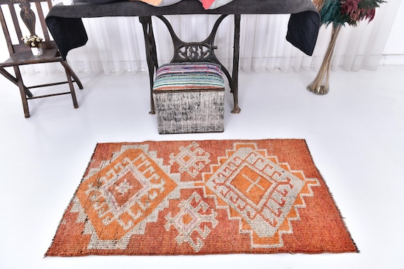 3x4 Accent Rug, Orange Tones Rug, Washable Rug, 3x4 Accent Rug, Doormat Rug, 3x4 Bath Mat, Turkish Wool Rug, Ethnic Patterned Rug