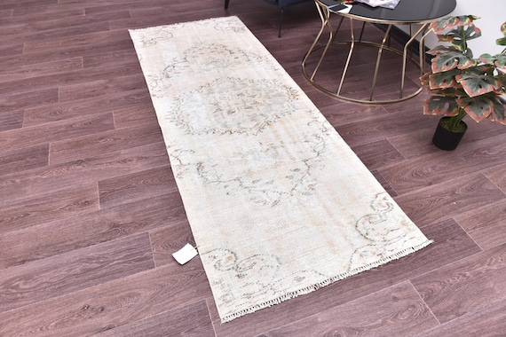 2x7 Vintage Faded Turkish Medallion Runner Rug, Handmade Wool, Cream Taupe Color, Hallway Rug