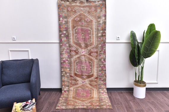 3x8 Vintage Brown Handmade Runner Rug, Hallway Kitchen Rug