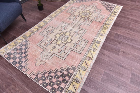 4x8 Vintage Salmon Rug, 4x8 Salmon Mustard Color, Handmade Wool Rug Traditional Home Decor, 4x8 Rug, Accent Rug, Living Room Rug