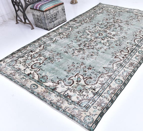 5x9 Vintage Sea Green Area Rug, 5x8 Distressed Rug, Handmade Wool Rug, 5x9 Overdyed Rug, Farmhouse Decor Rug, Kithcen Rug, 5x8 Area Rug,