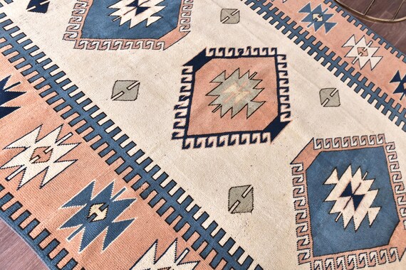 6x8 Vintage Milas Rug, 6x8 Pink Blue Color Rug, Traditional Area Rug, 6x8 Handmade Wool Rug, 6x8 Farmhouse Decor, 6x8 Living Room Rug