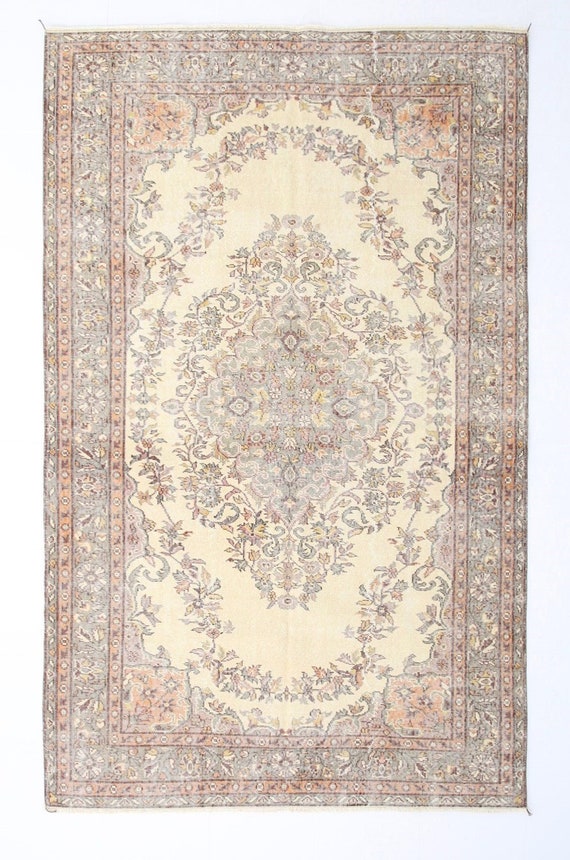 6x10 Area Rug, 6x10 Madallion Vintage, 6x10 TURKISH PASTEL VINTAGE Rug, 6x10, Wool Handmade Turkey, 6x10 Rug, Cream & Gray Vintage Rug, 57s