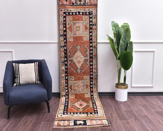 2x10 Hand Woven Faded Vintage Hallway Kitchen Runner Rug, Copper Blue Color