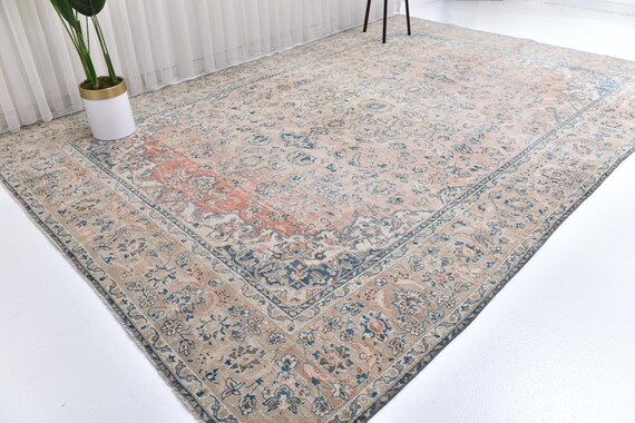 9x13 Antique Persian Area Rug, 9x13 Brown Salmon Blue Color, Oriental Rug, 9x13 Living Room Decor, 9x13 Oversize Rug, Handmade Wool Rug,