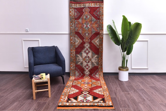 3x11 Vintage Medallion Runner Rug, Handmade Soft Wool, Traditional Design, Farmhouse Decor, Red Taupe Cream Color