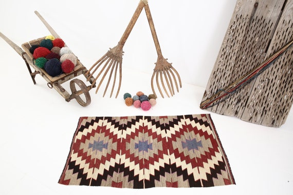 2x4 Geometric Tribal Kilim Vintage Doormat Rug, Shades Of Red Beige, Oushak Handmade Wool Carpet, Farmhouse Decor, 2x5 Accent Doormat, Boho