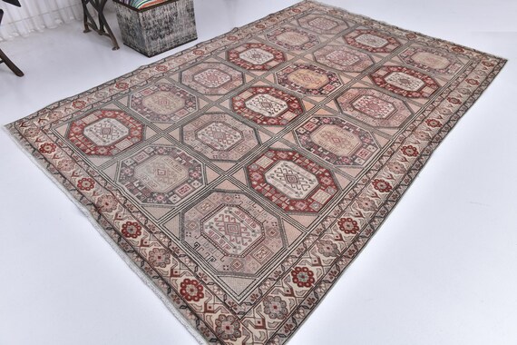 6x9 Vintage Geometric Patterned Rug, 6x9 Traditional Area Rug, Handmade Home Decor, 6x9 Farmhouse Decor, 6x9 Soft Wool Rug, 6x9 Area Rug