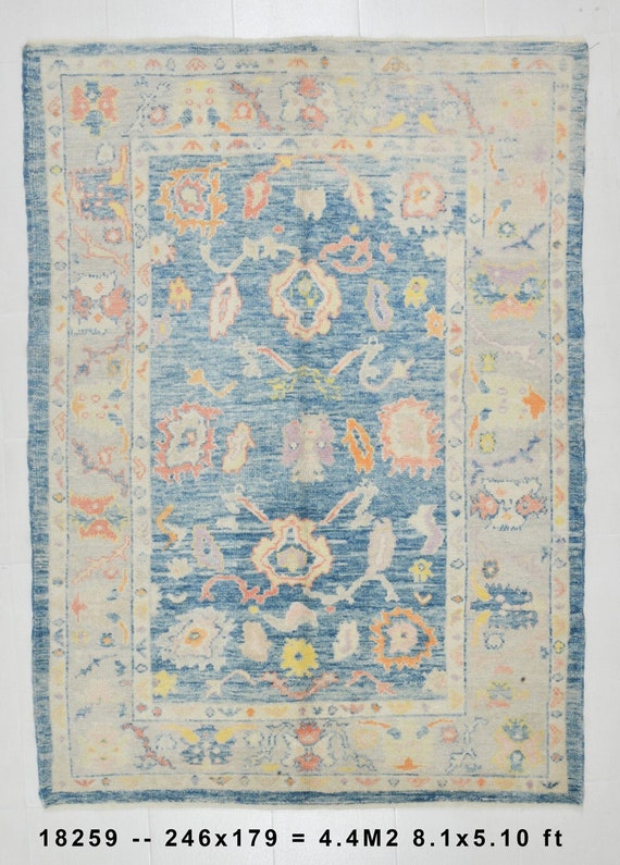 6x8 Rugs, 6x8 Soft Pastel Vintage, 6x8 BLUE TURKISH VINTAGE Rug, 6x8, Turkey Handmade Oushak, Blue & Cream Vintage Rug, Rug For Living Room